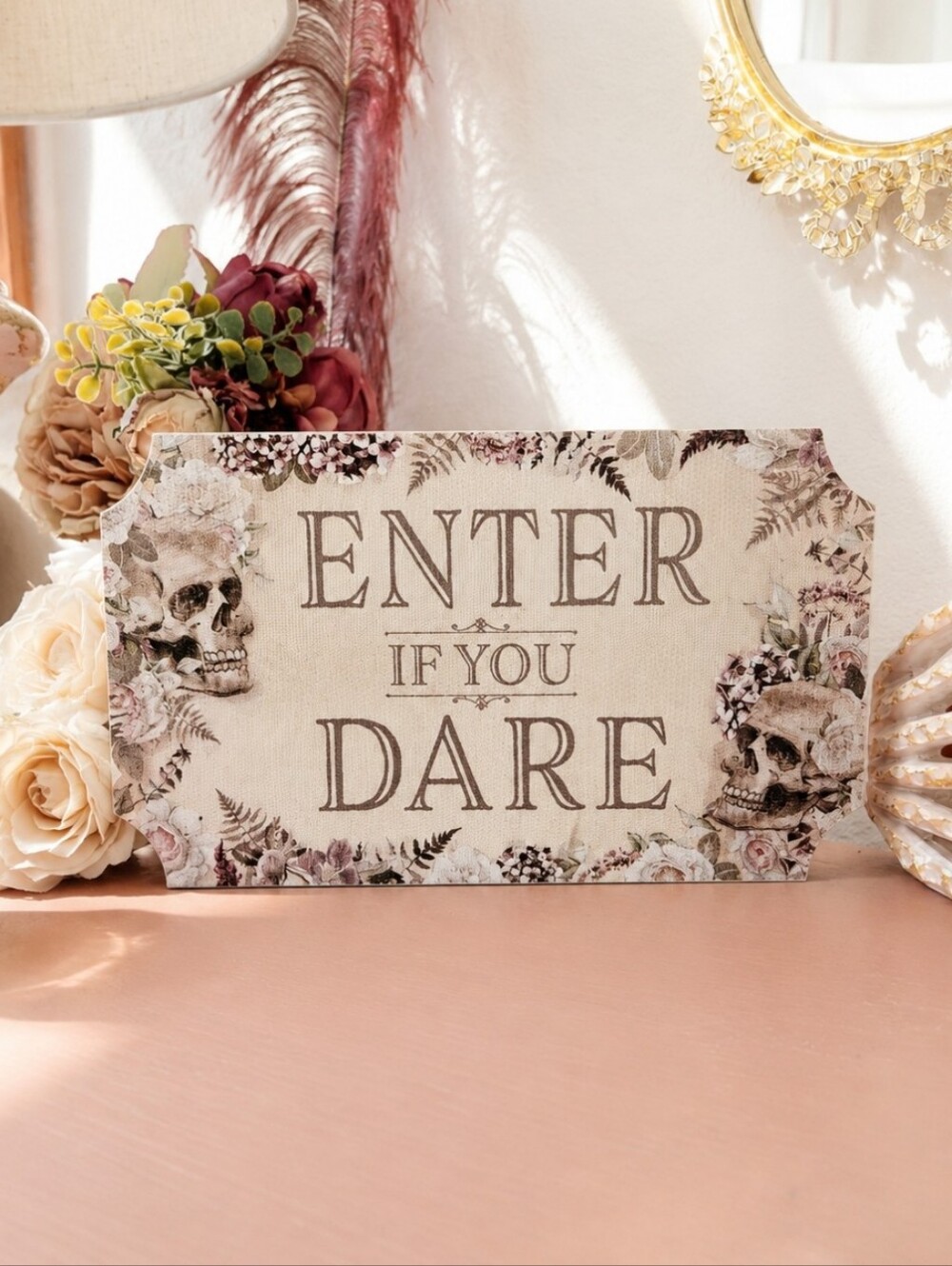 Enter If You Dare Decorative Sign - Neutral Floral Skull Accent Halloween